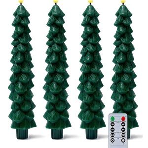 Set of 4 Green LED Christmas Tree Candles with Remote